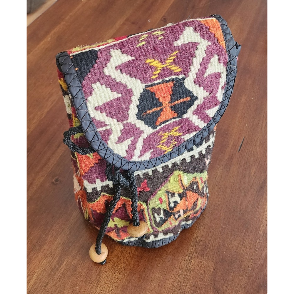 Kilim Woven Tapestry Drawstring Bucket Bag Boho Hippie Backpack Purse